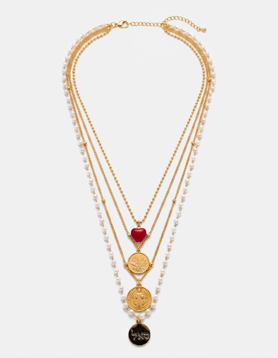 Collar monedas auténticas con dije de corazón y perlas Mabe Memorias