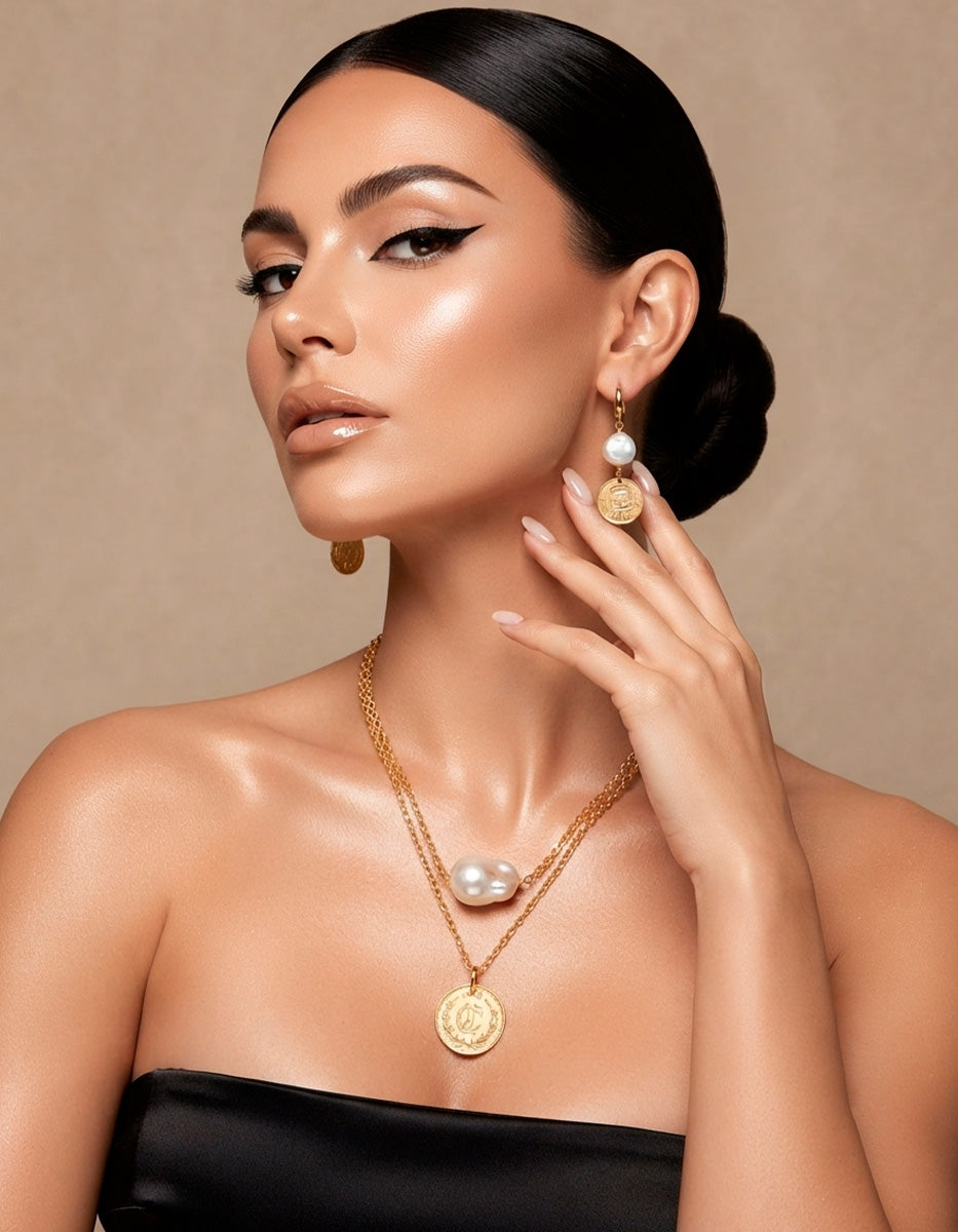 Collar y aretes con monedas y perlas mabe