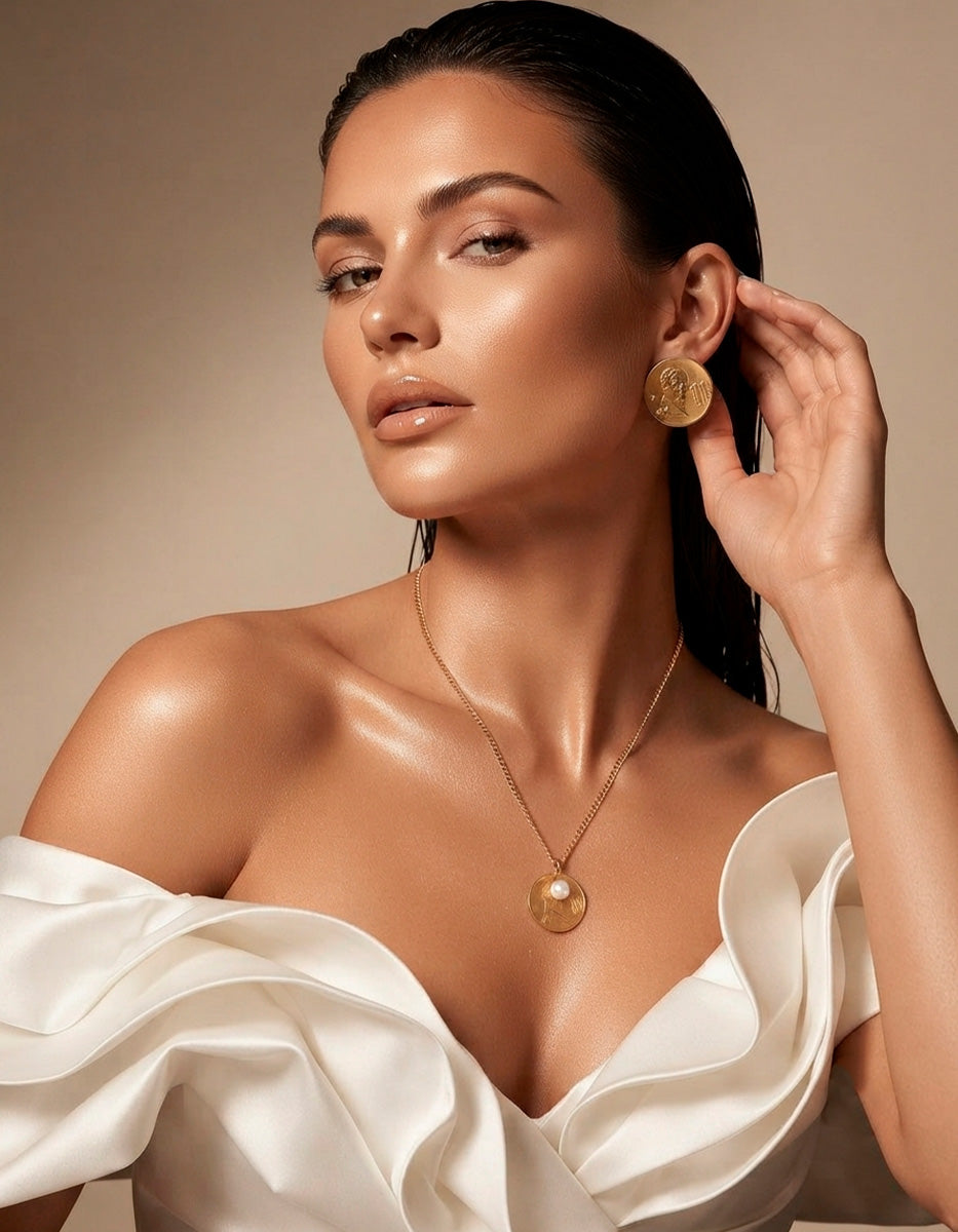 Collar con perla mabe y aretes con monedas