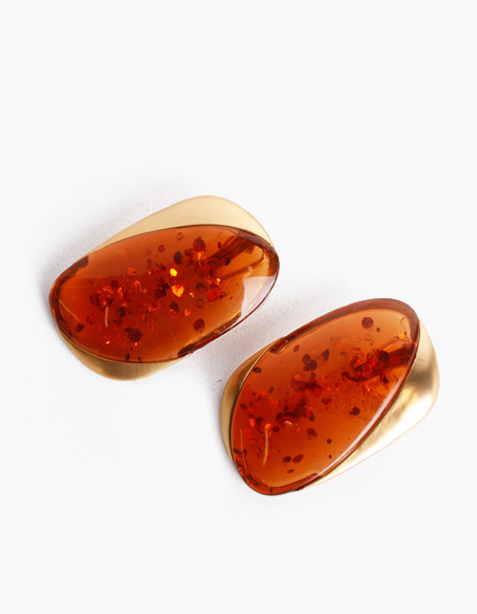 Pendientes oro laminado 22 kt con ámbar rectangular orgánico Golden Chic