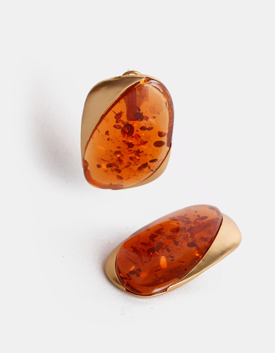 Pendientes oro laminado 22 kt con ámbar rectangular orgánico Golden Chic