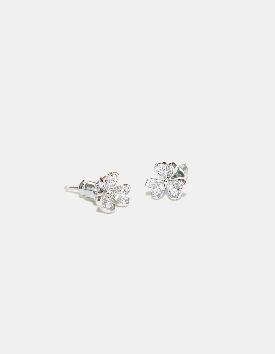 Set de Collar y Pendientes en Metales Nobles bañados en Rodio Blanco con Topacios Blancos en forma de Trébol
