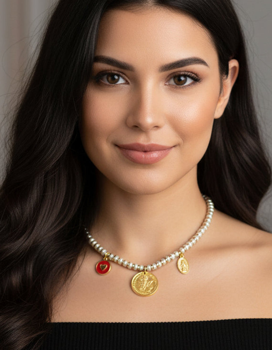 Collar moneda auténtica con corazón y perlas Mabe Memorias