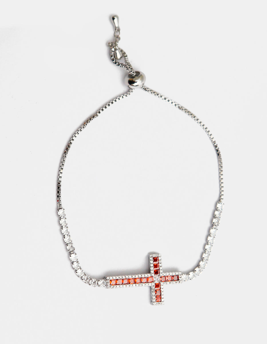 Pulsera en metales nobles con baño de platino y piedra granate roja de 2.5 cm Festive Style