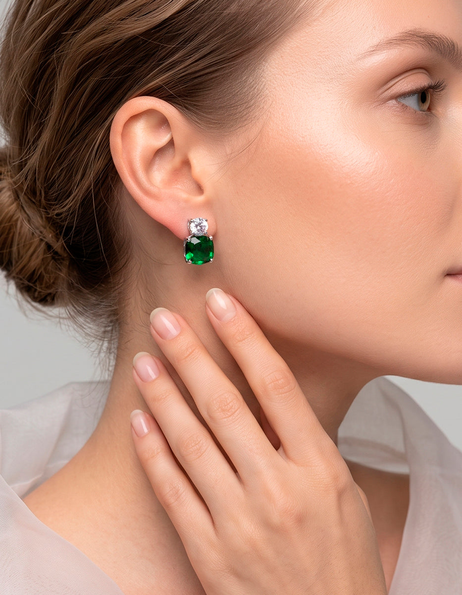 Pendientes en Plata 925 bañada en Rodio Blanco con Esmeralda de Bombay Verde Eterna Silver