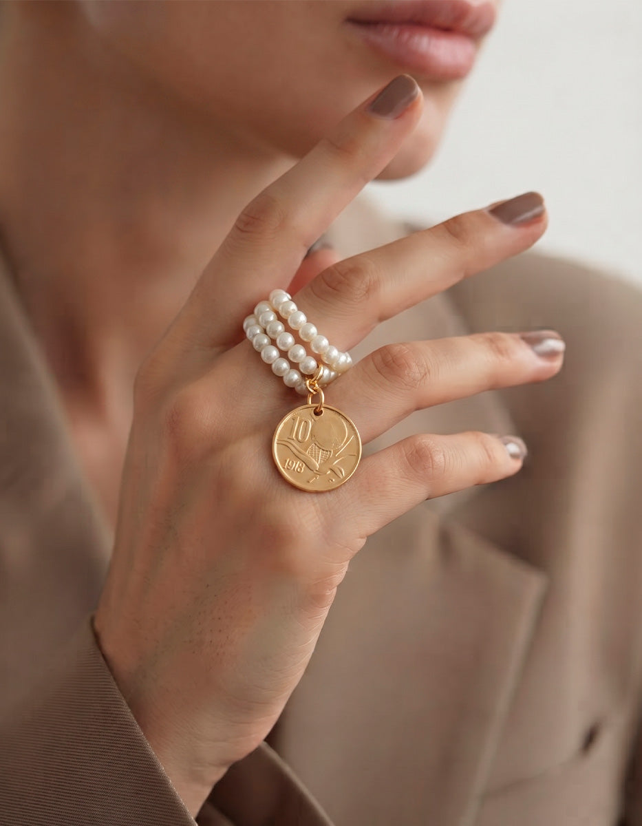 Anillo moneda auténtica perla mabe Memorias