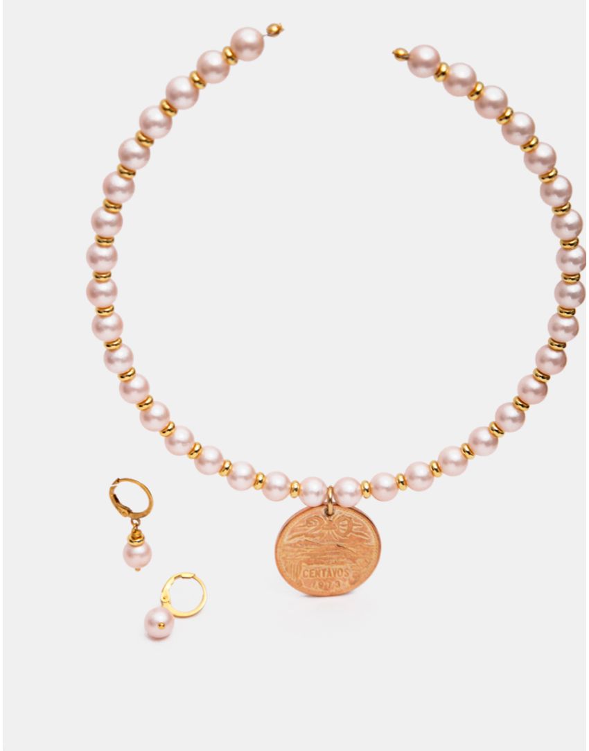Gargantilla de perlas mabe con moneda y aretes
