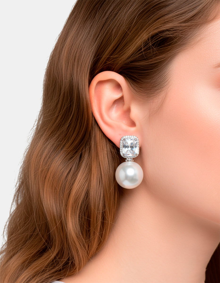 Pendientes topacio rectangular con perla Mabe y topacios blancos Festive Style