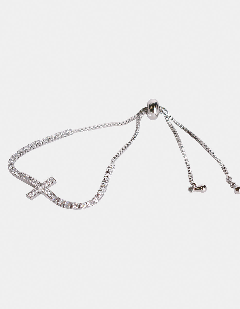 Pulsera ajustable con cruz central y topacios blancos Festive Style