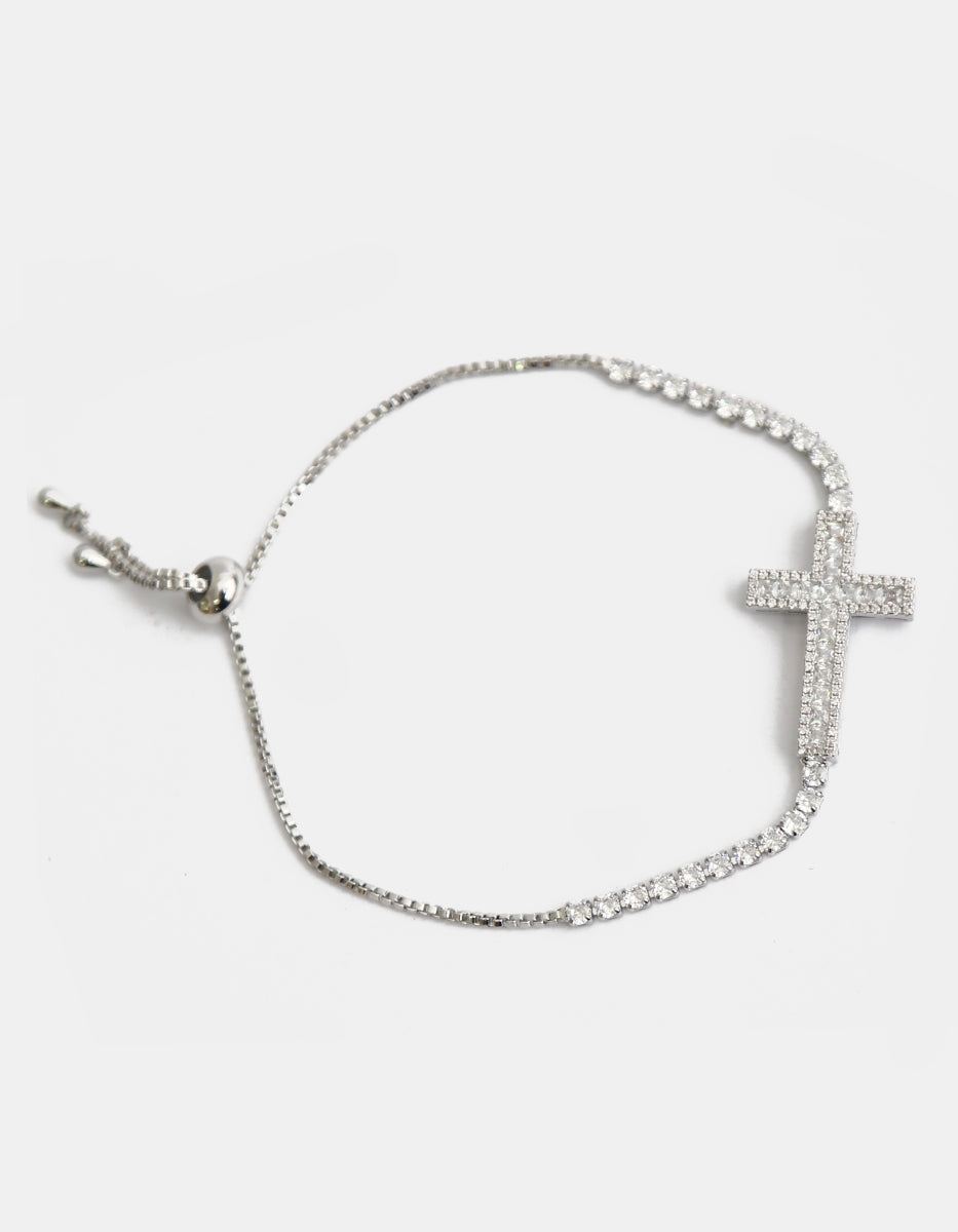 Pulsera ajustable de metal noble con cruz y topacios blancos en corte Brillante Festive Style