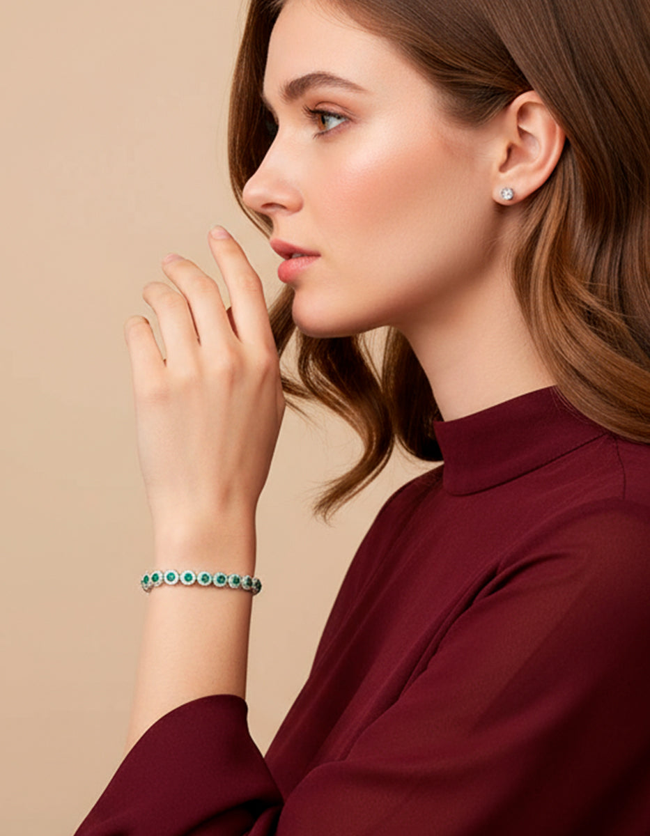 Pulsera en Plata 925 bañada en Rodio Blanco con Esmeralda de Bombay Verde Eterna Silver