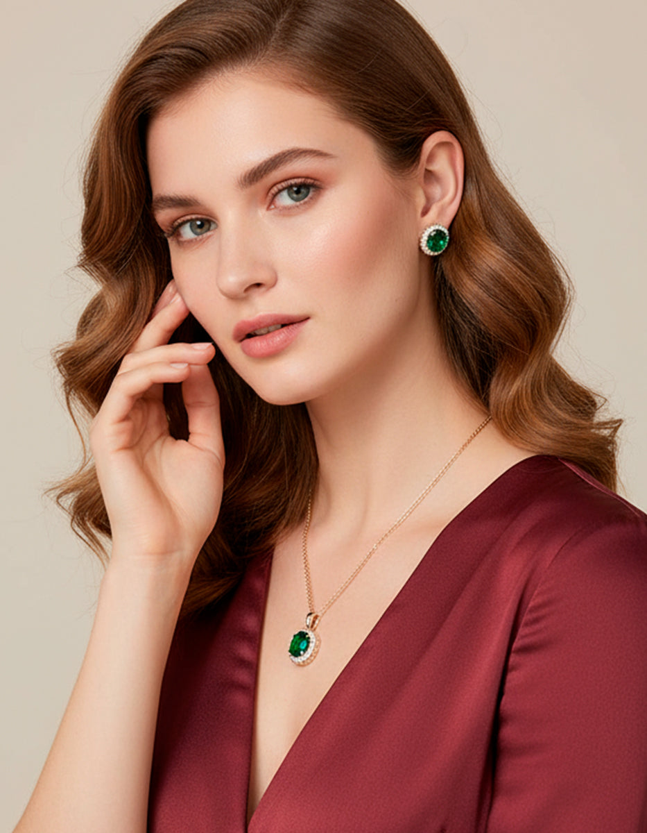 Set de Collar y Pendientes en Plata 925 bañados en Oro de 22 Kilates con Esmeralda de Bombay Verde