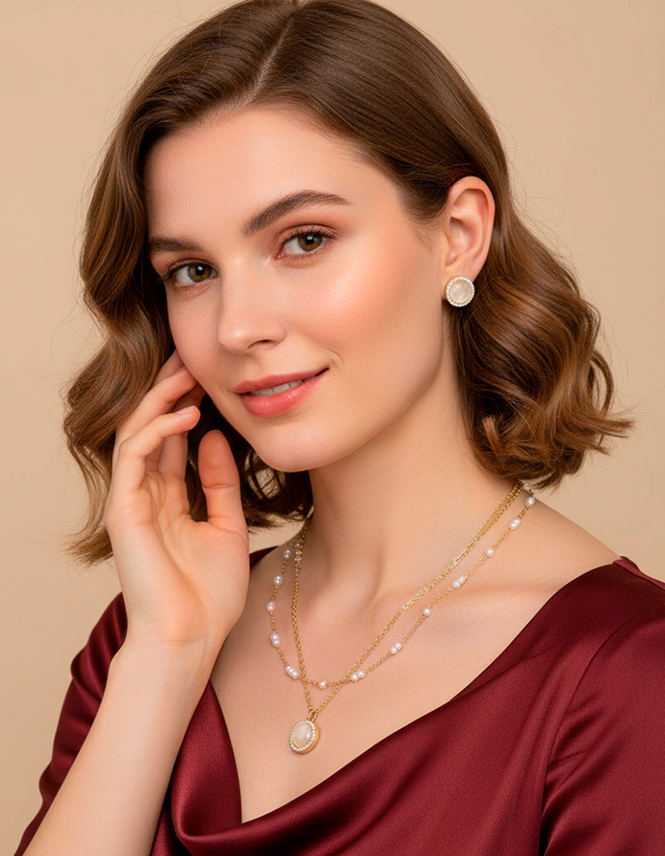 Set de Collar y Pendientes en Plata 925 bañados en Oro de 22 Kilates con Perla Mabe