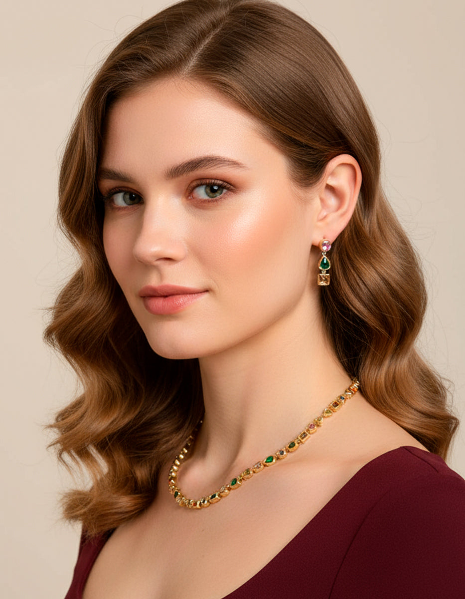 Set de Collar y Pendientes en Plata 925 bañados en Oro de 22 Kilates con Gemas Multicolor