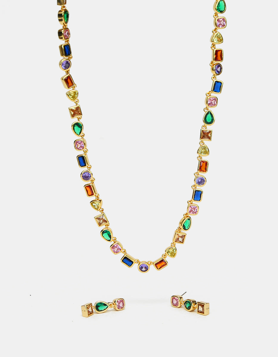 Set de Collar y Pendientes en Plata 925 bañados en Oro de 22 Kilates con Gemas Multicolor