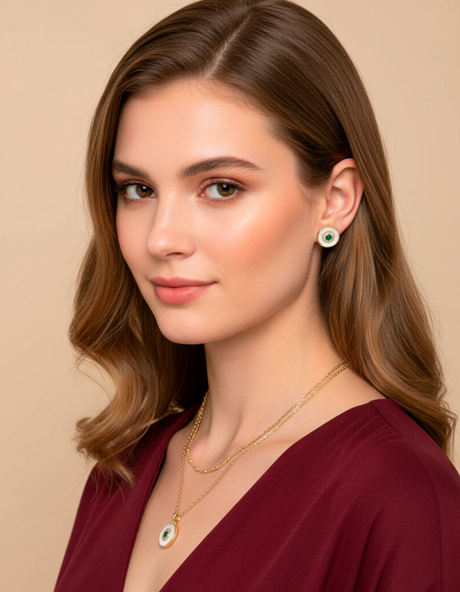 Set de Collar y Pendientes en Plata 925 bañados en Oro de 22 Kilates con Esmeralda de Bombay Verde