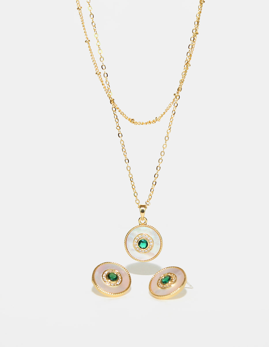 Set de Collar y Pendientes en Plata 925 bañados en Oro de 22 Kilates con Esmeralda de Bombay Verde