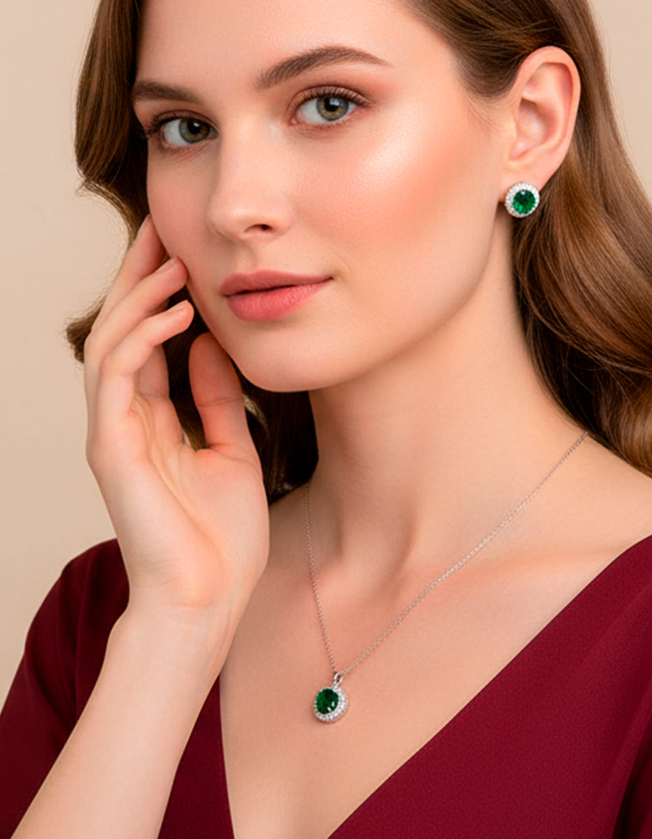 Set de Collar y Pendientes en Plata 925 bañados en Rodio Blanco con Esmeralda de Bombay Verde