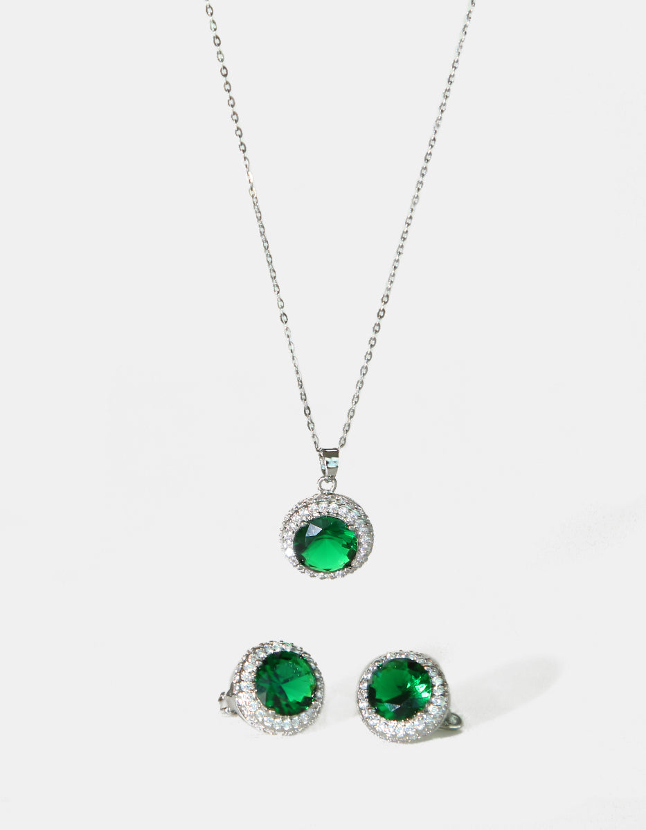 Set de Collar y Pendientes en Plata 925 bañados en Rodio Blanco con Esmeralda de Bombay Verde