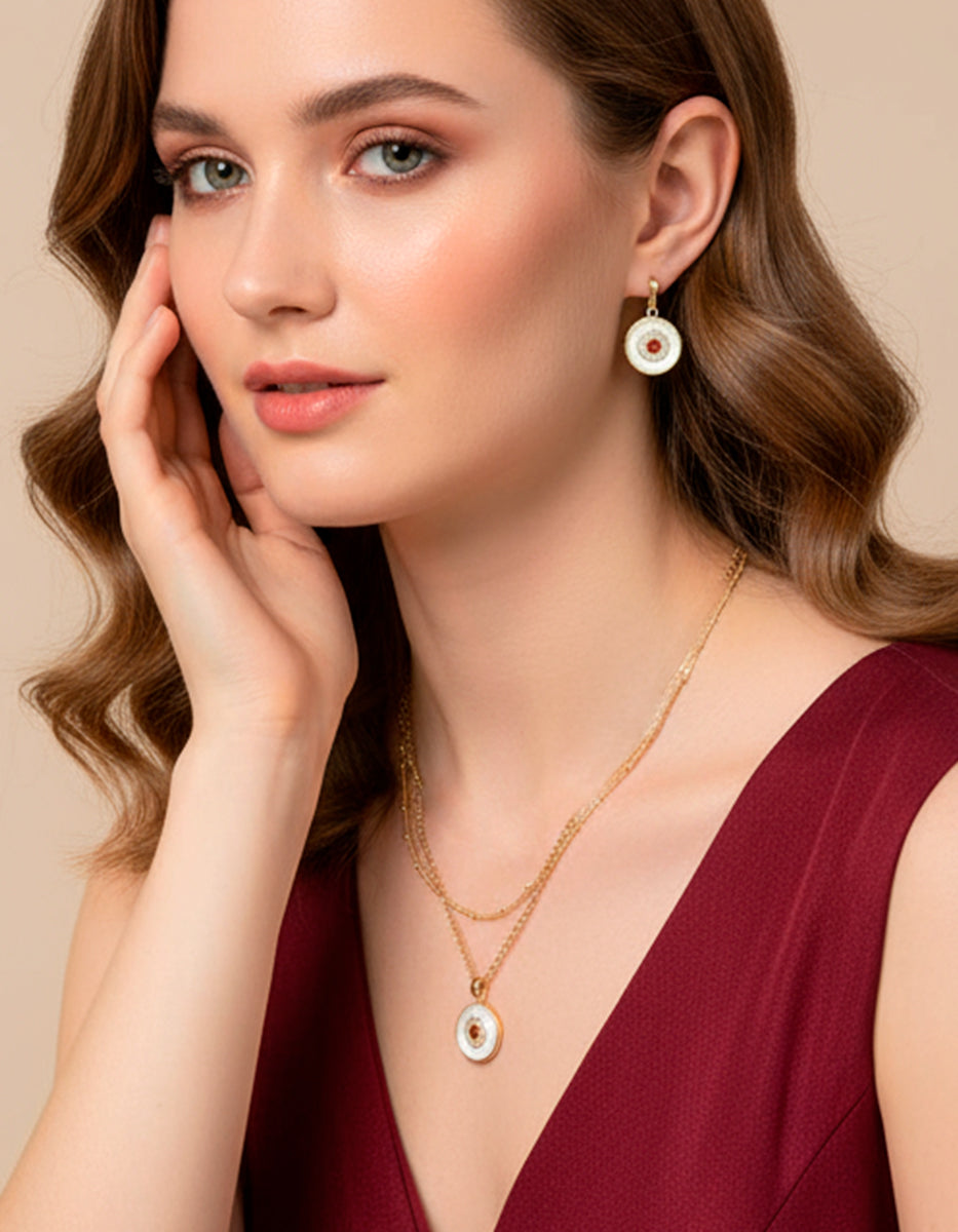 Set de Collar y Pendientes en Plata 925 bañados en Oro de 22 Kilates con Gema de Color rojo anaranjado