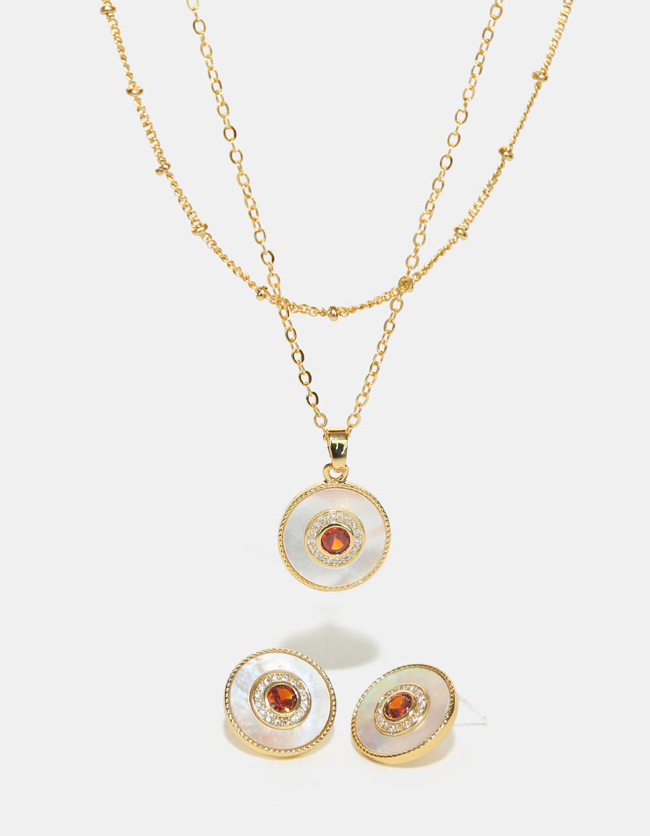 Set de Collar y Pendientes en Plata 925 bañados en Oro de 22 Kilates con Gema de Color rojo anaranjado