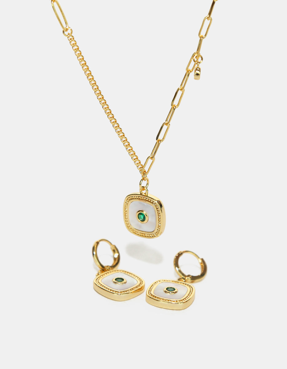 Set de Collar y Pendientes en Plata 925 bañados en Oro de 22 Kilates con Esmeralda de Bombay Verde