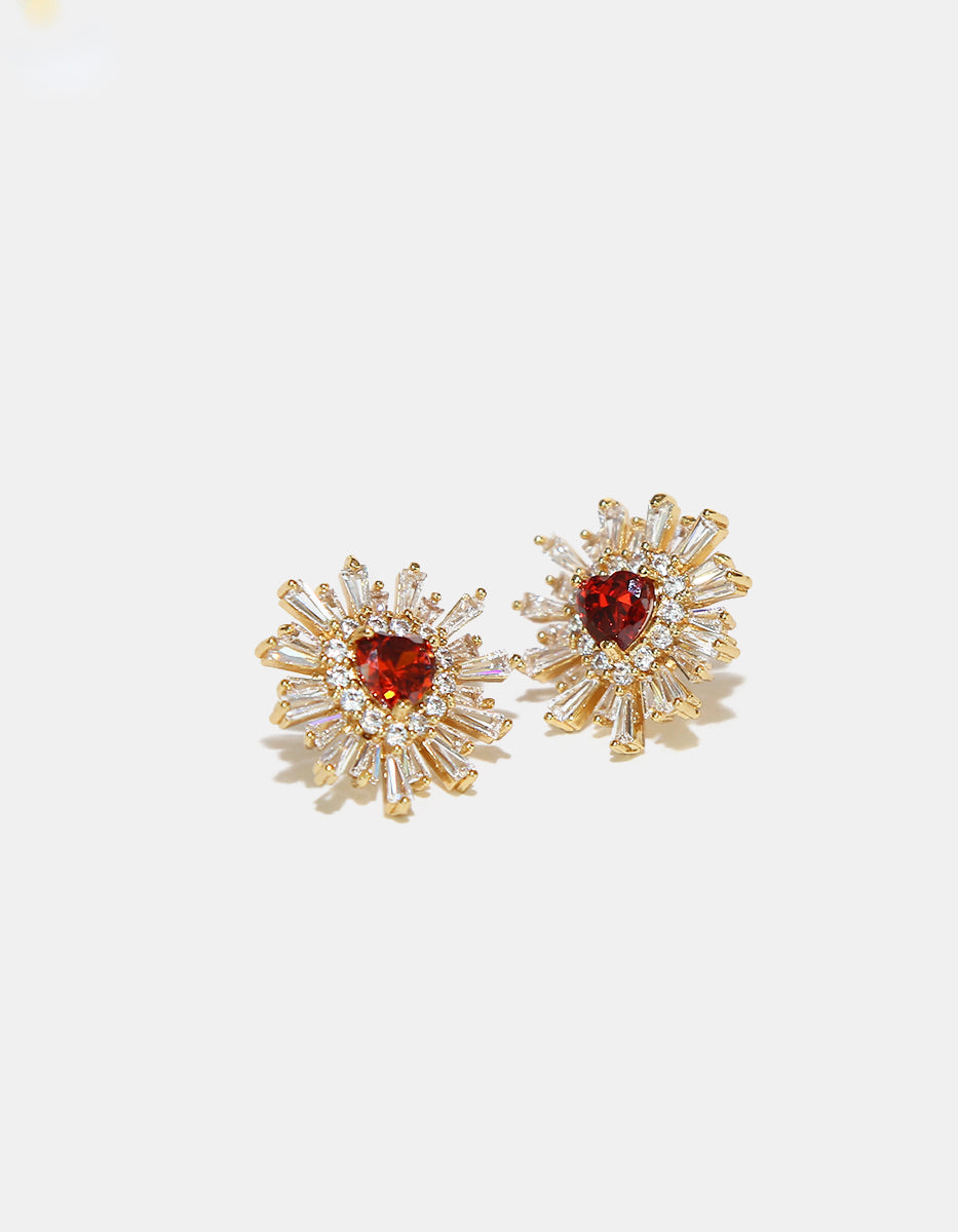 Set de Collar y Pendientes en Metales Nobles bañados en Oro de 18 Kilates con Topacios Blancos y Gema Roja
