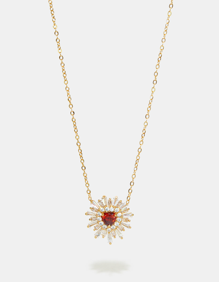 Set de Collar y Pendientes en Metales Nobles bañados en Oro de 18 Kilates con Topacios Blancos y Gema Roja