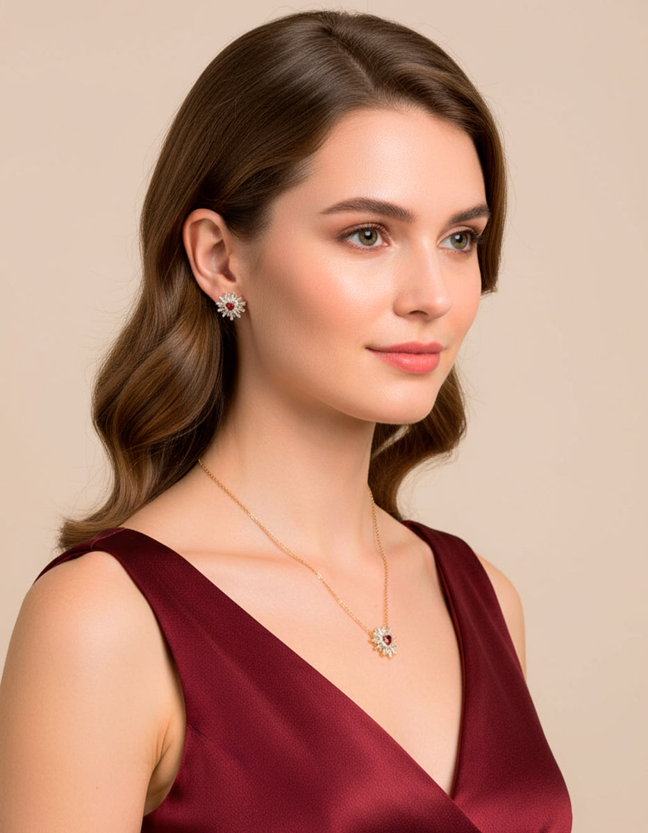 Set de Collar y Pendientes en Plata 925 bañados en Oro de 22 Kilates con Topacios Blancos y Gema de Color Rojo