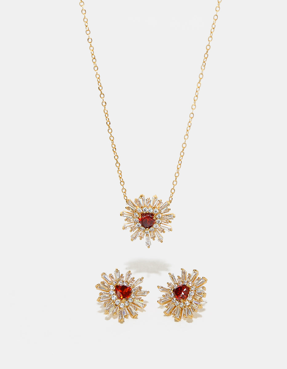 Set de Collar y Pendientes en Plata 925 bañados en Oro de 22 Kilates con Topacios Blancos y Gema de Color Rojo