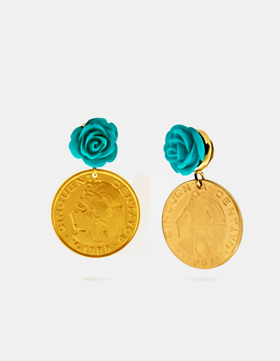 Pendientes con rosas verde turquesa y monedas auténticas Memorias