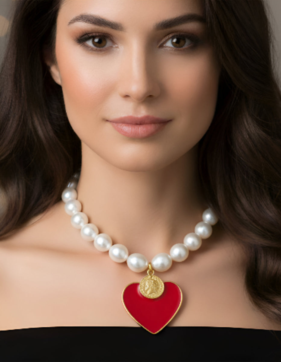 Collar moneda auténtica corazón esmalte rojo Memorias